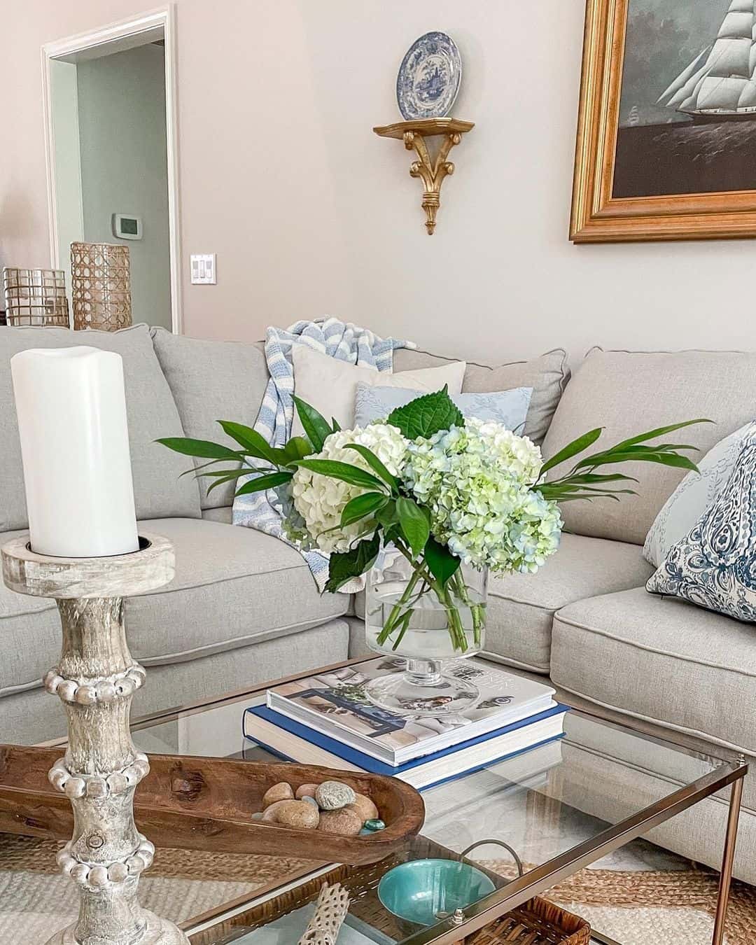 Hydrangeas and Books for a Coastal Centerpiece