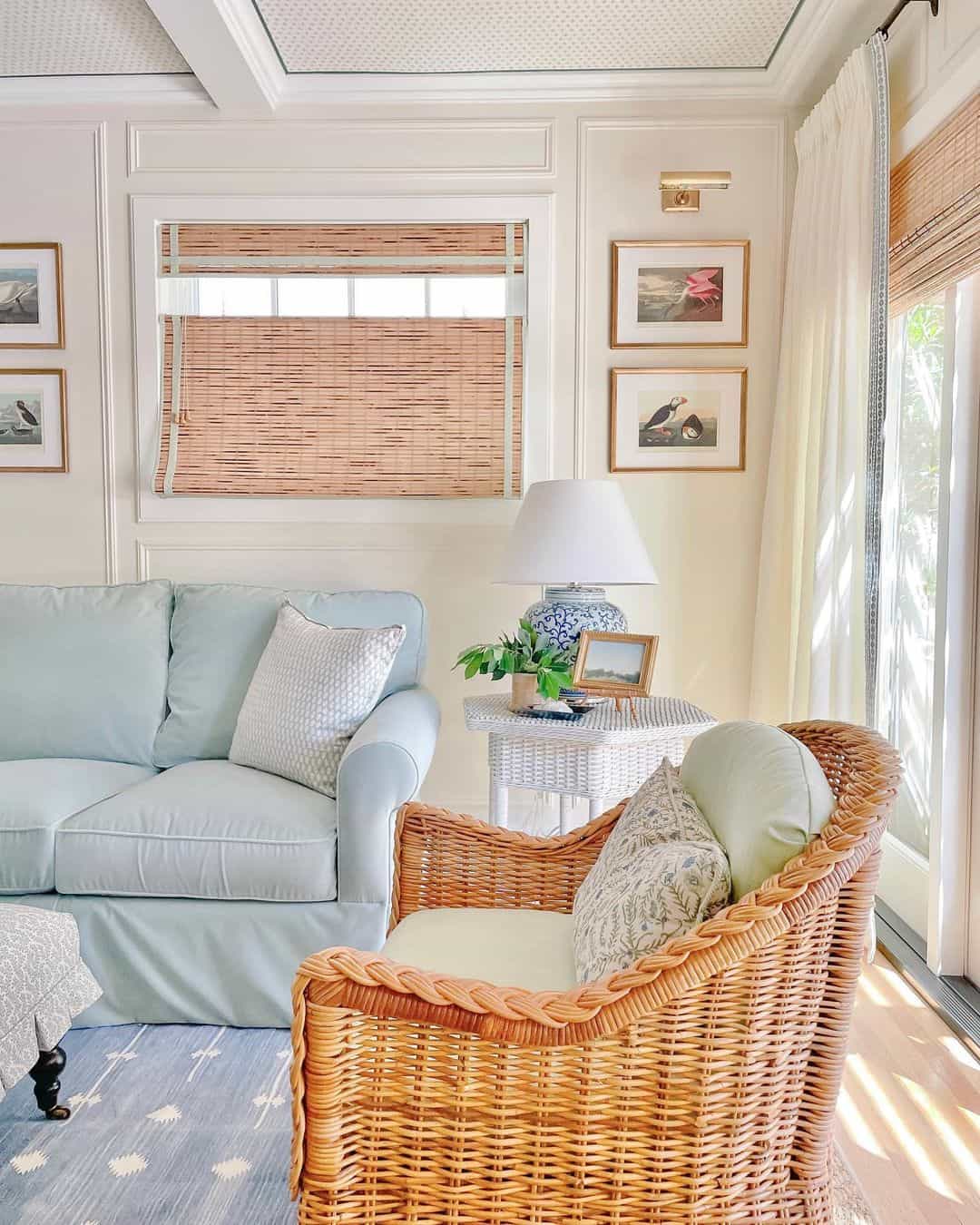 Woven Rattan Armchair Adds Natural Texture To Light Blue Sofa