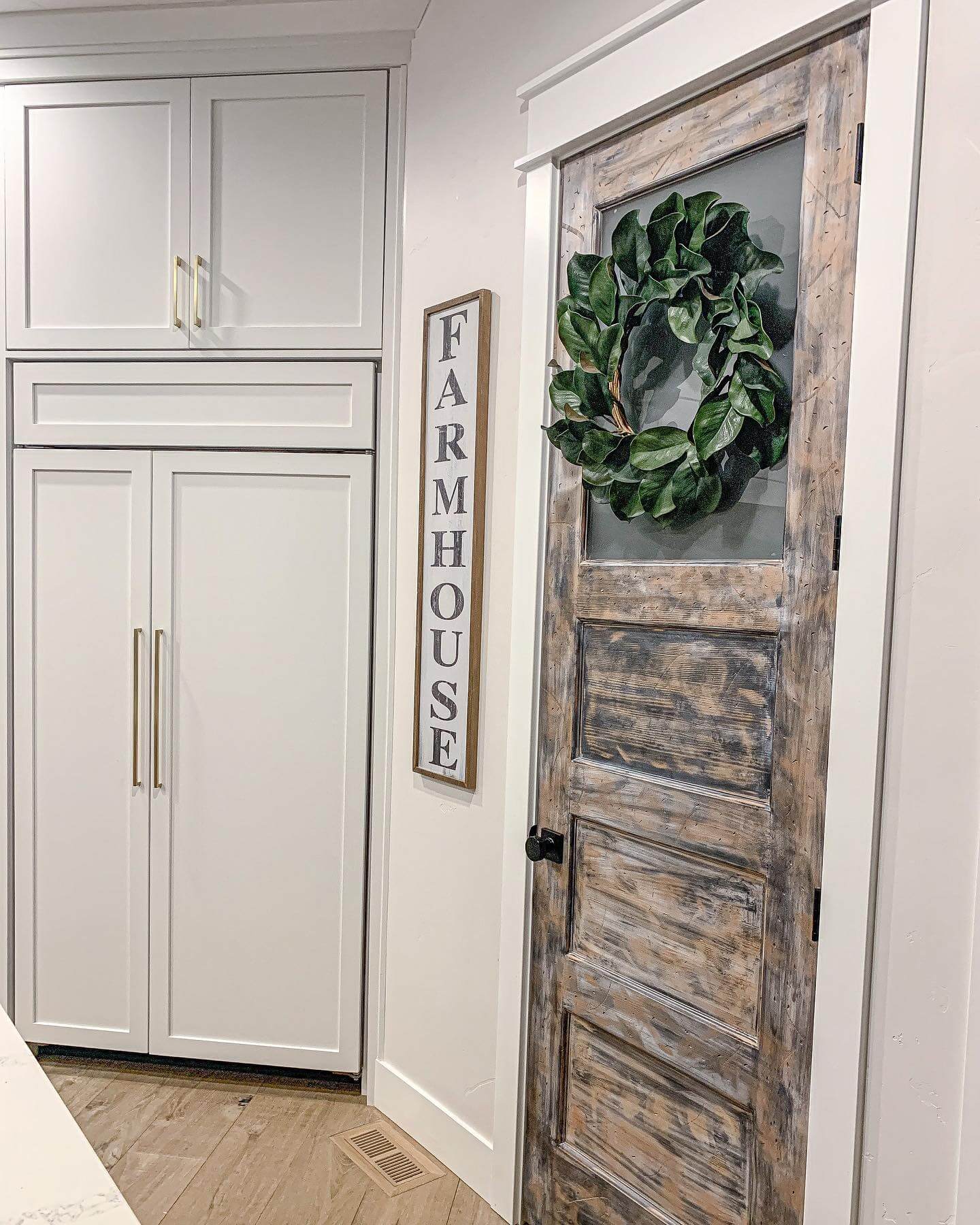 Distressed Farmhouse Pantry Door With Magnolia Wreath