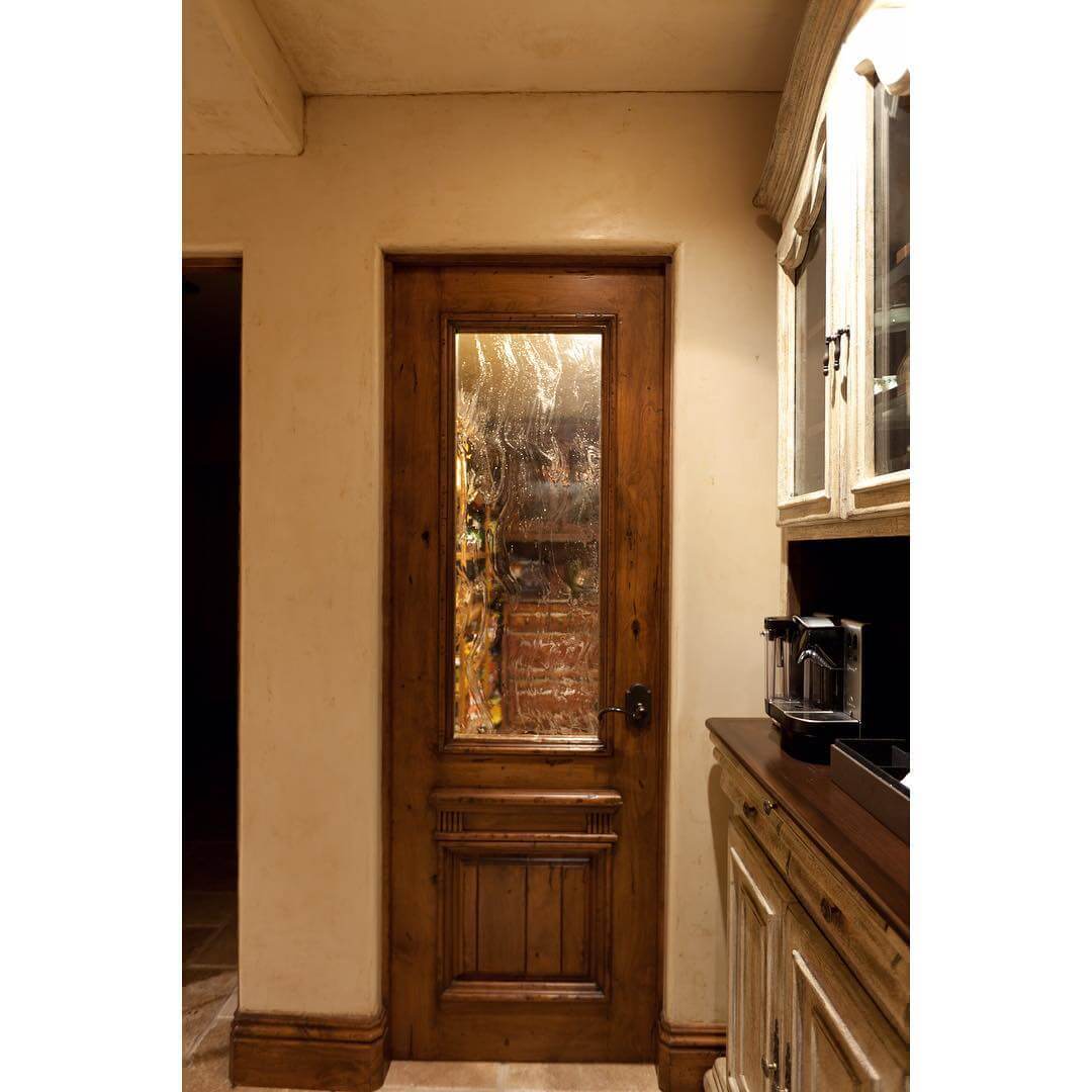 Warm Wood Pantry Door With Textured Glass Panel
