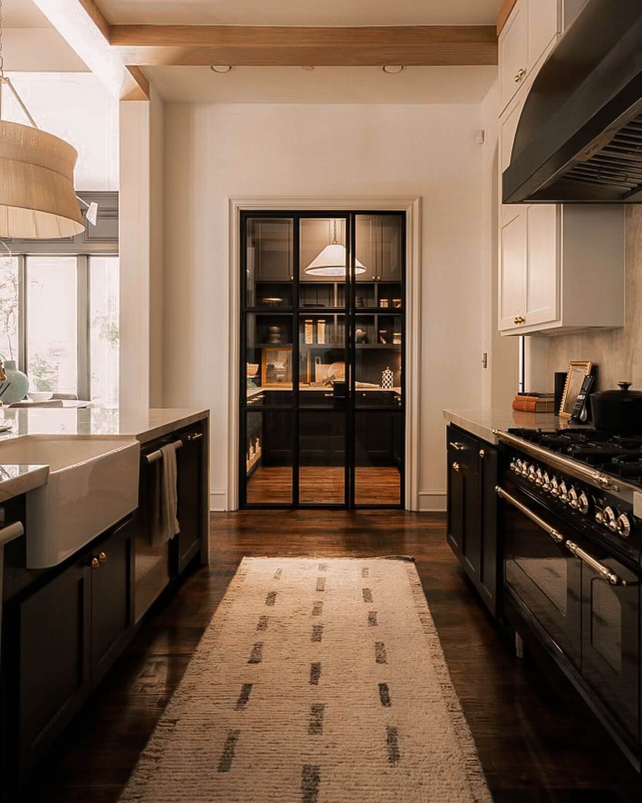 Black Grid Glass Pantry Doors Reveal Organized Shelving