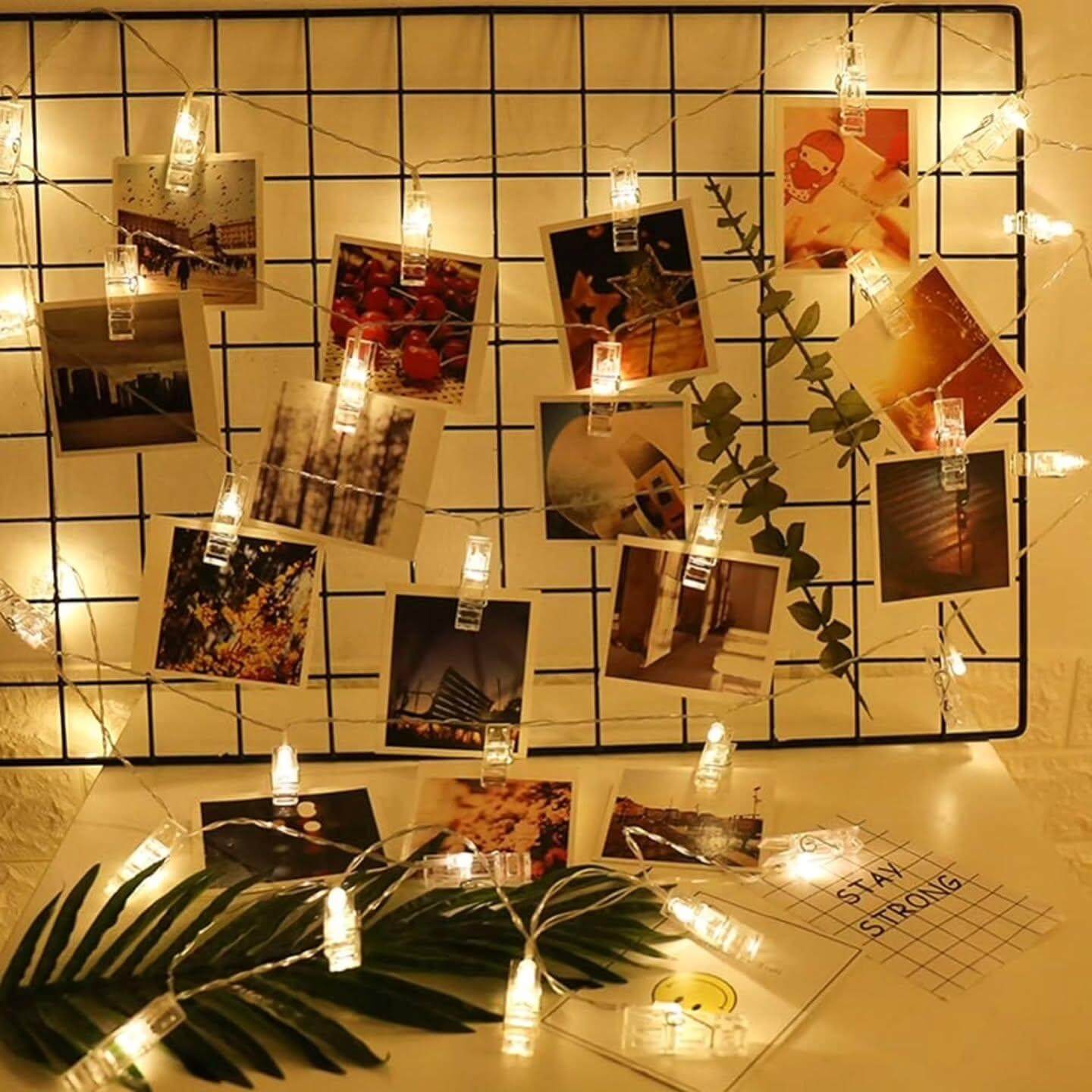Grid Display with Fairy Lights Adds Cozy Ambiance