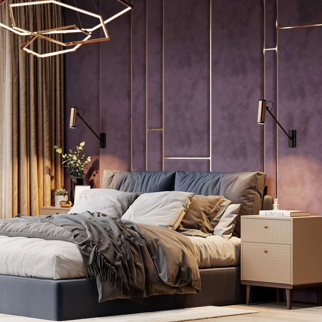 Velvet Panels with Gold Inlay Create a Regal Statement Wall