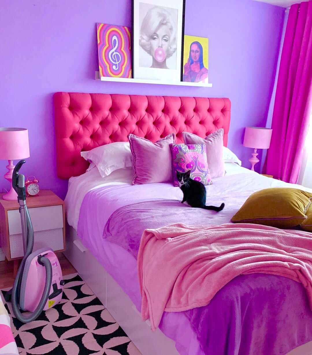 Hot Pink Headboard Contrasts Beautifully with Lavender Walls