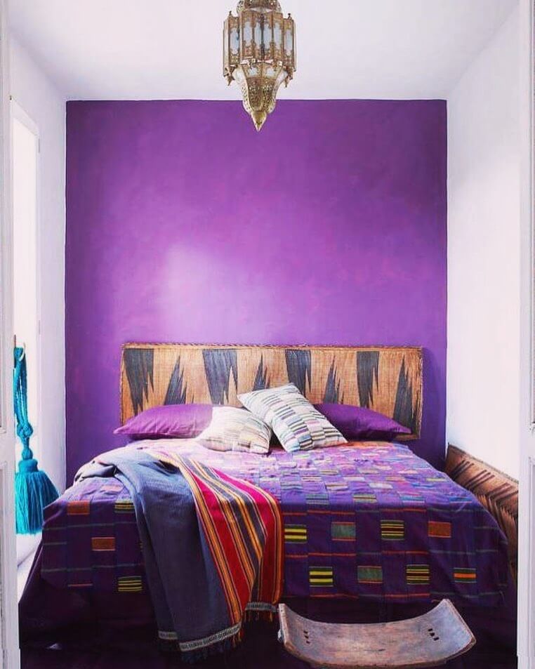 Woven Headboard Adds Natural Texture to Purple Walls
