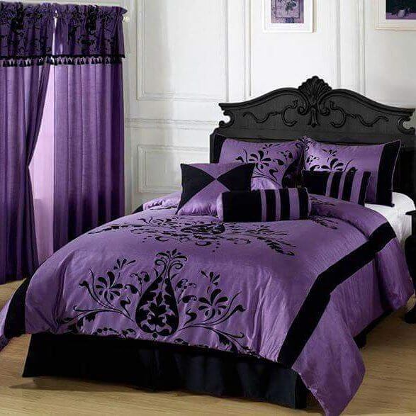 Black Damask Pattern on Purple Comforter Creates Bold Contrast