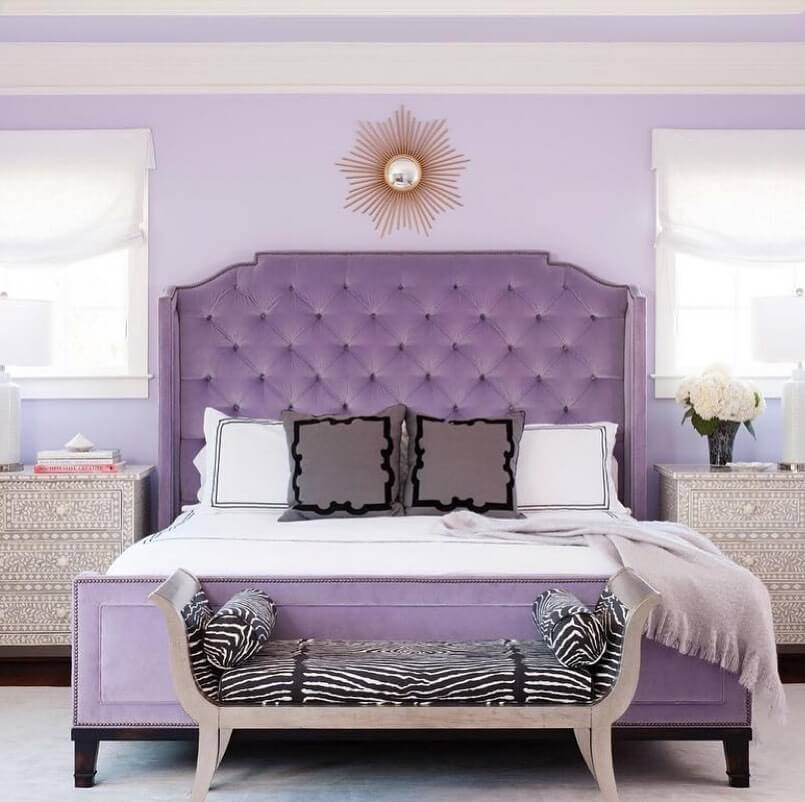 Tufted Purple Headboard with Sunburst Mirror