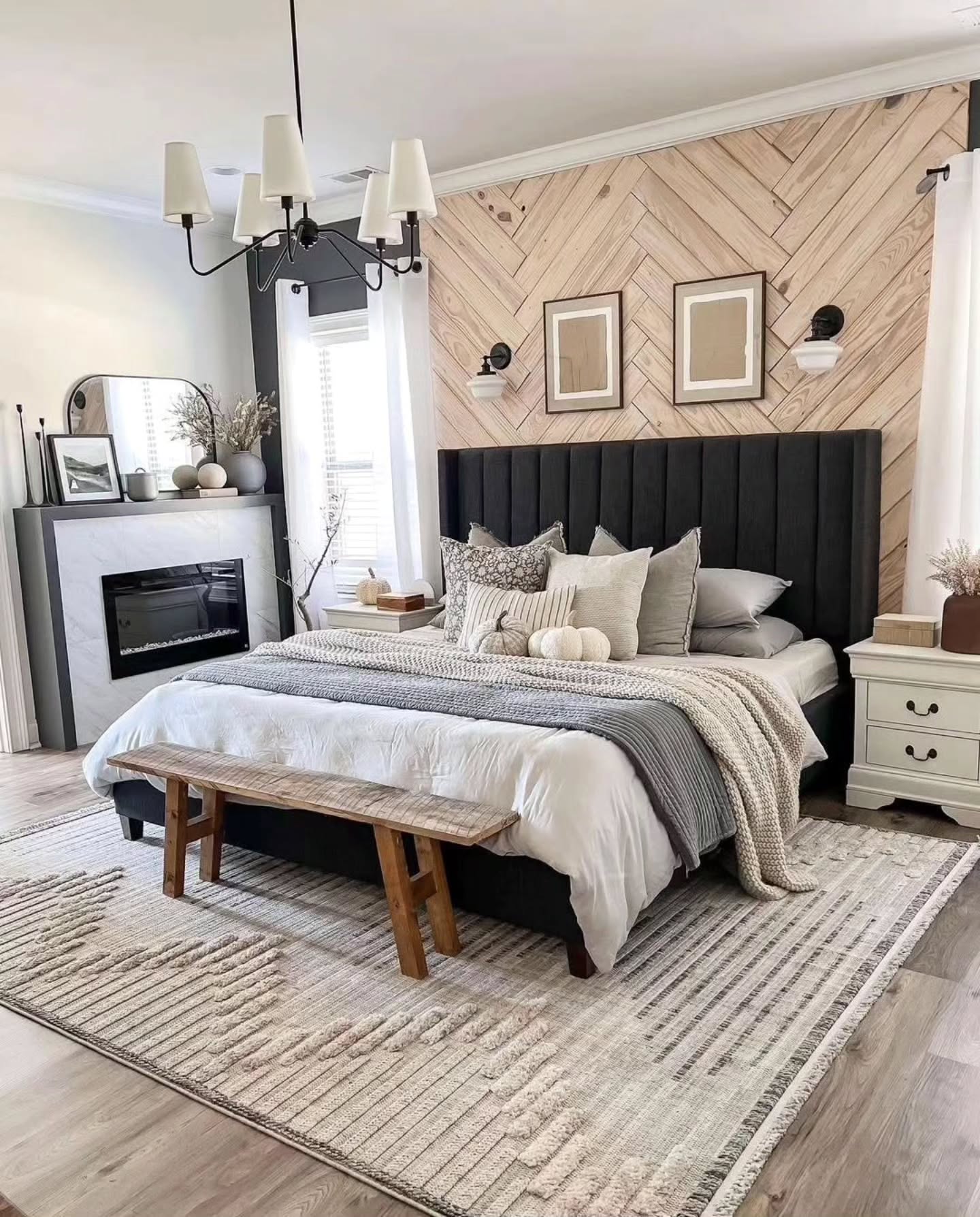 Herringbone Wood Plank Accent Wall Behind Bed