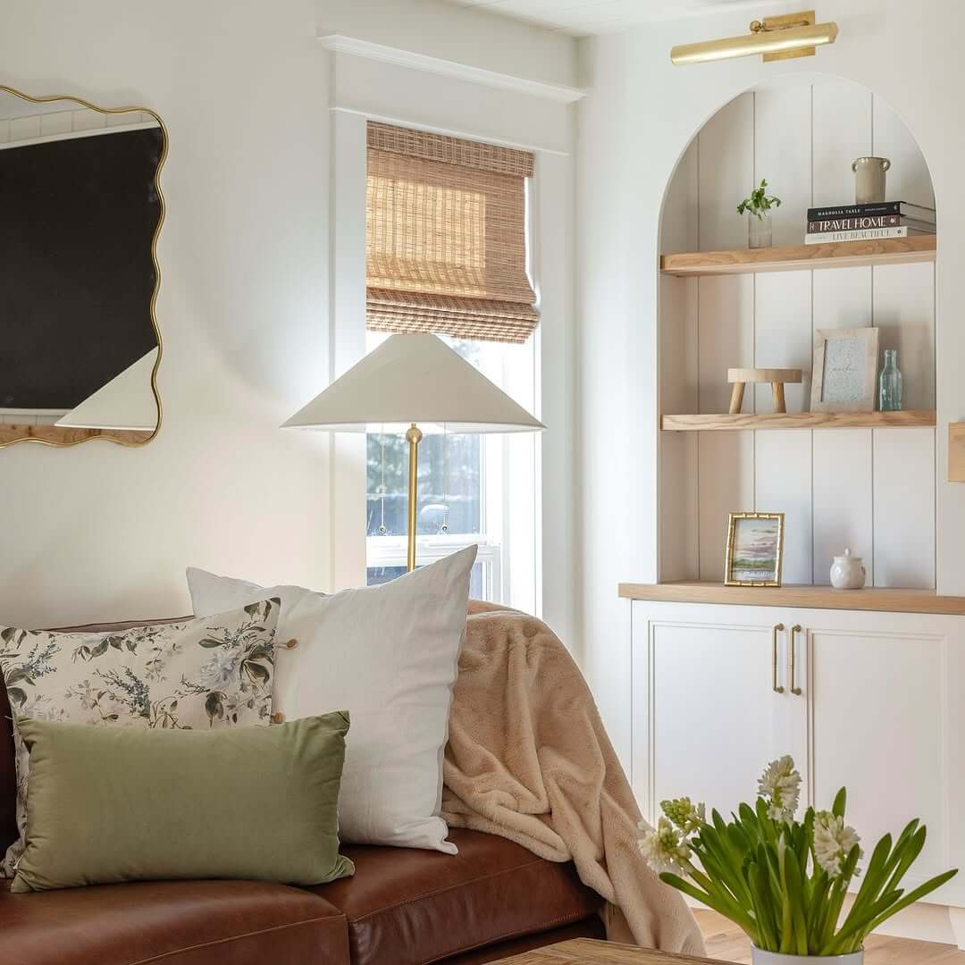 Arched Built-In Shelving with Natural Wood Accents