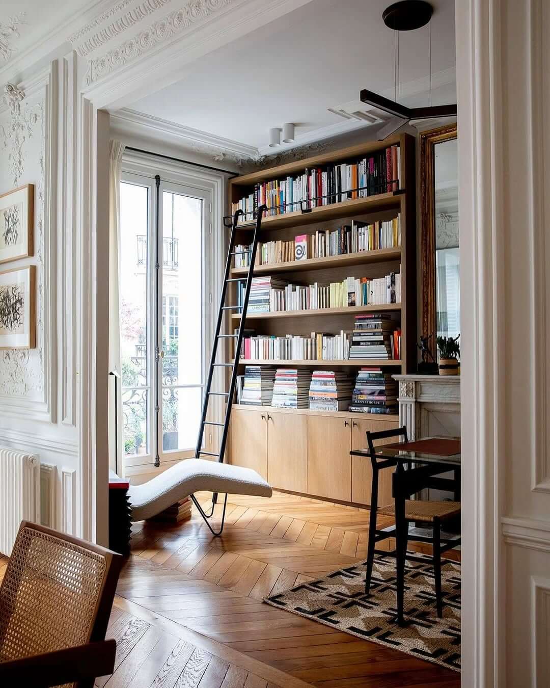 Tall Bookcase with Cabinets and Ladder