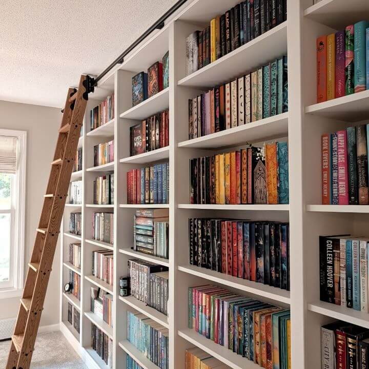 Sliding Ladder for Easy Access to Tall Bookshelves