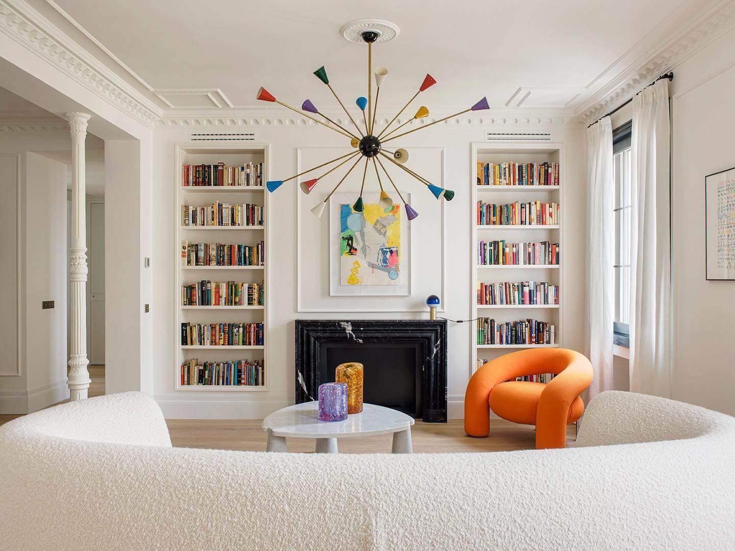 Symmetrical Bookshelves Flanking a Fireplace