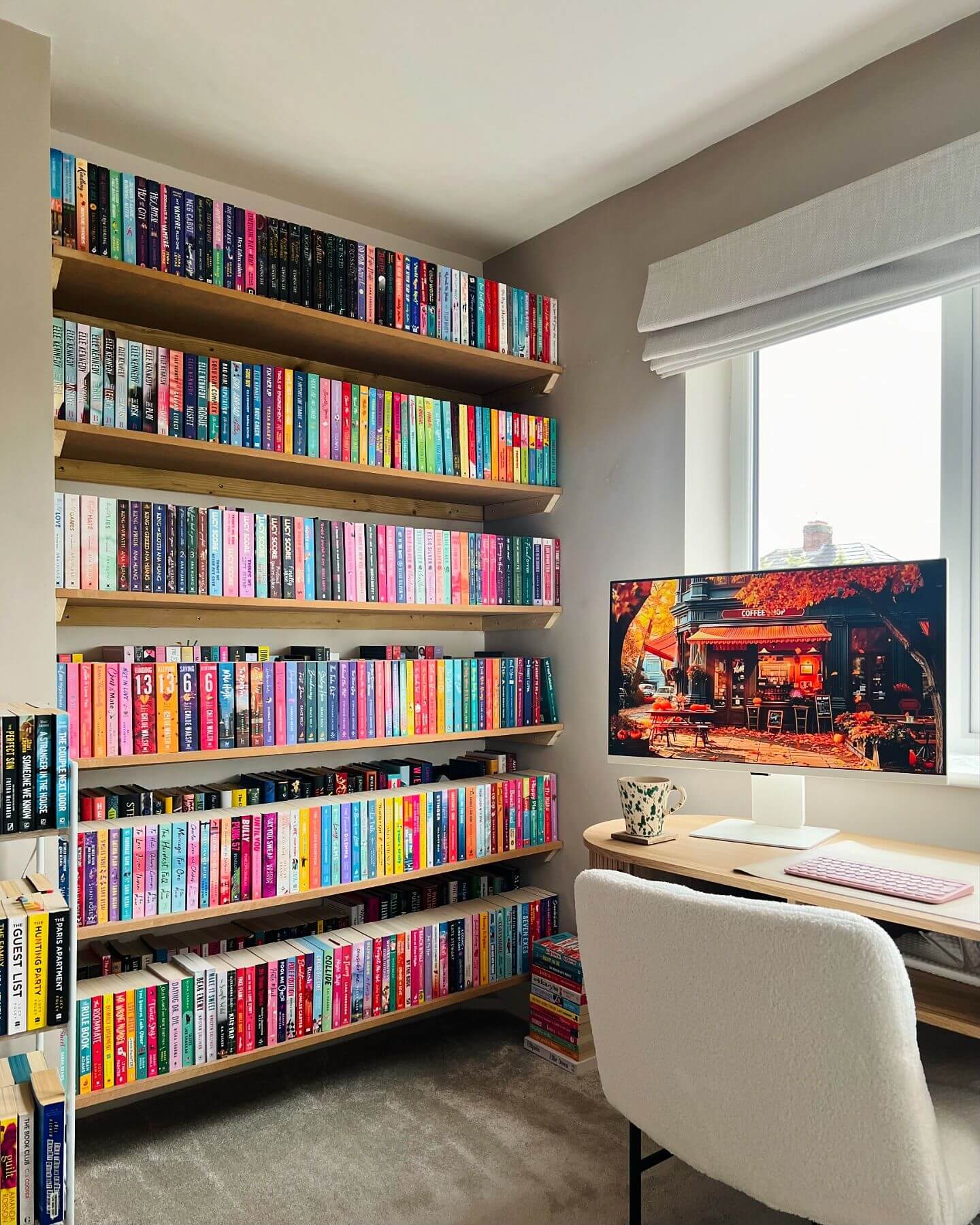 Open Wooden Shelves for a Colorful Library Wall