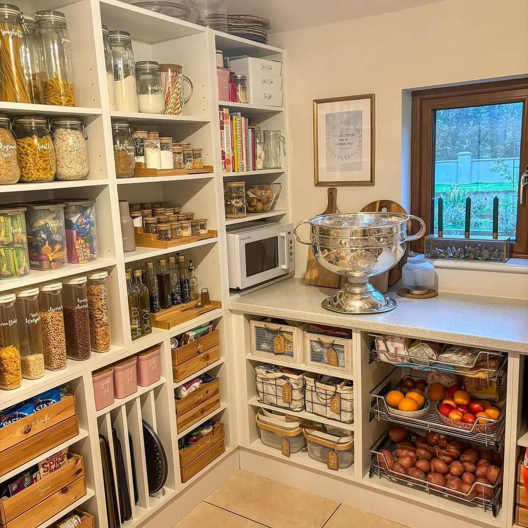 Pull-Out Wire Baskets Organize Pantry Produce by Type
