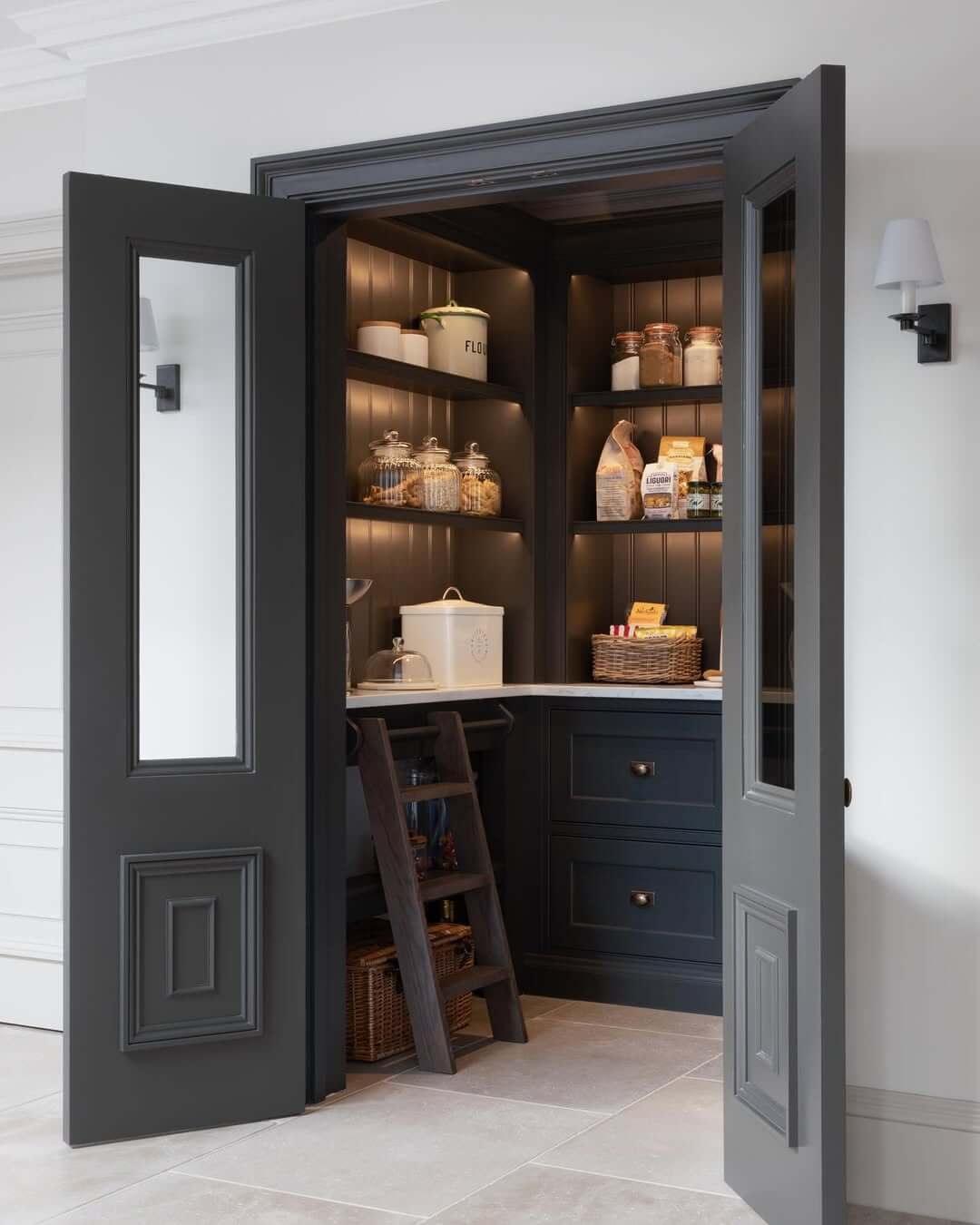 Dark Wood Ladder for Reaching High Pantry Shelves