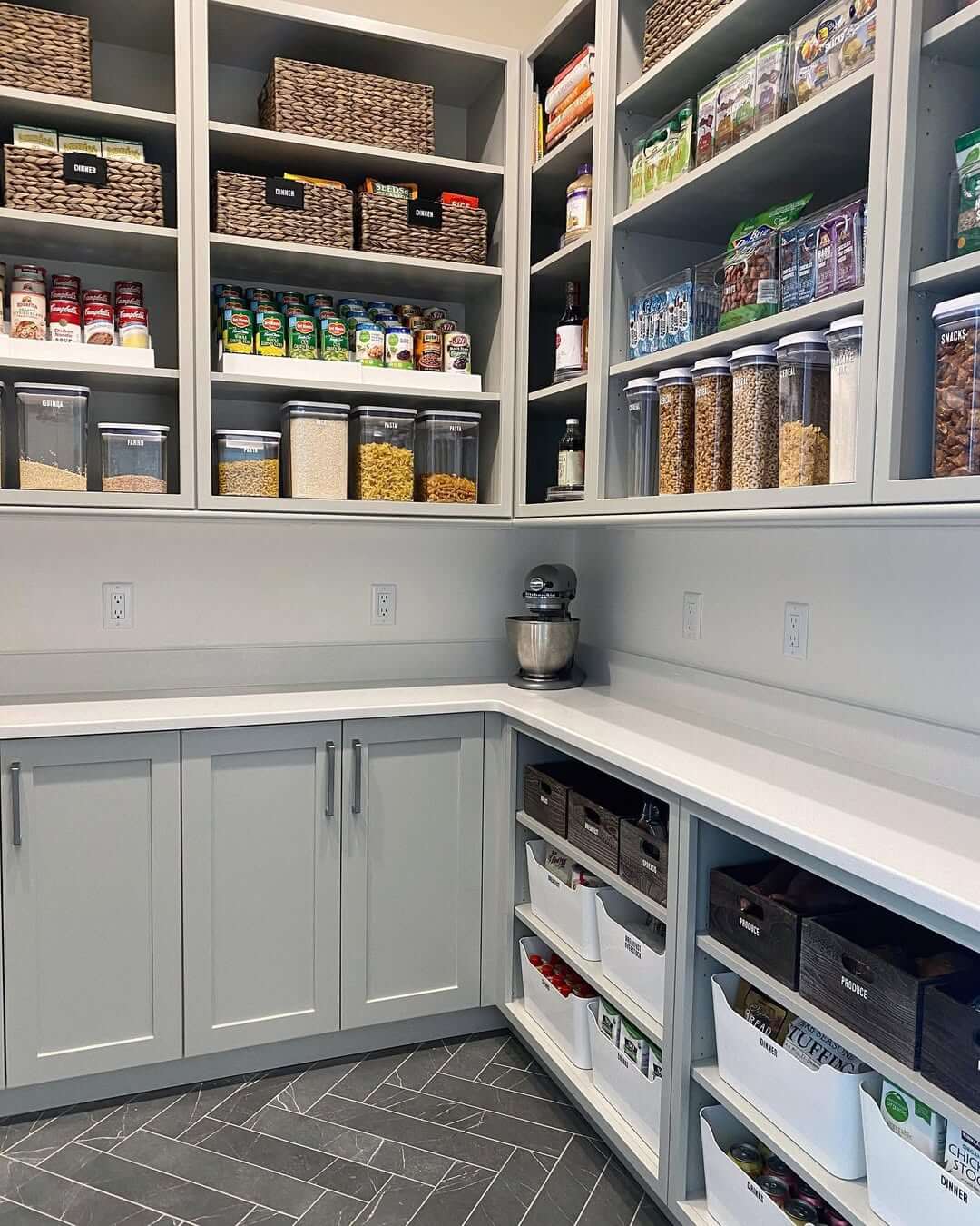 Clear Bins and Dark Crates Organize Pantry Shelves