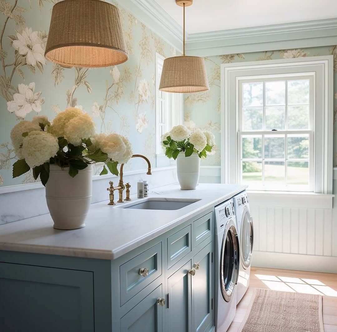 Delicate Floral Wallpaper Creates a Serene Laundry Room Backdrop