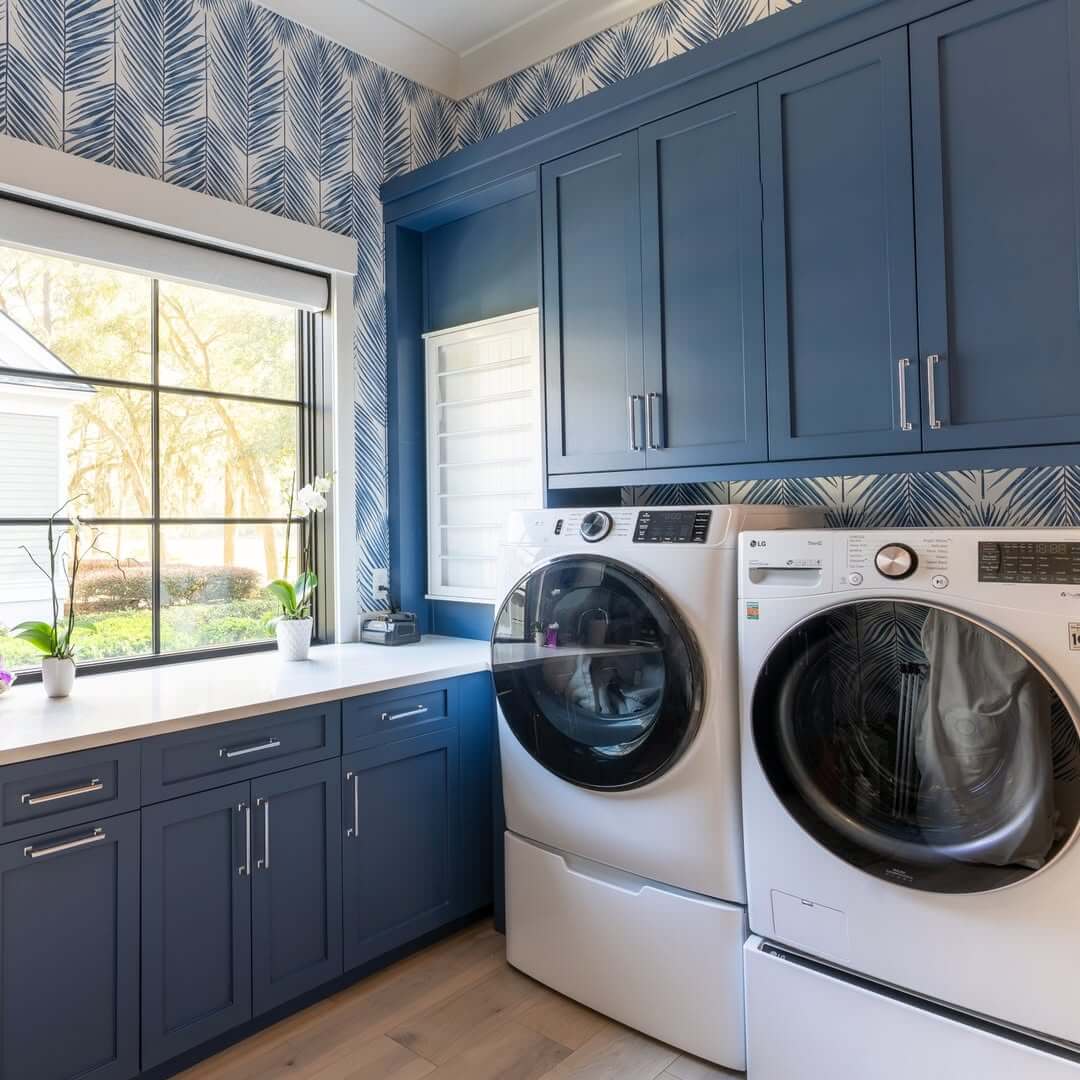 Blue Leaf Pattern Wallpaper Creates a Coastal Laundry Room