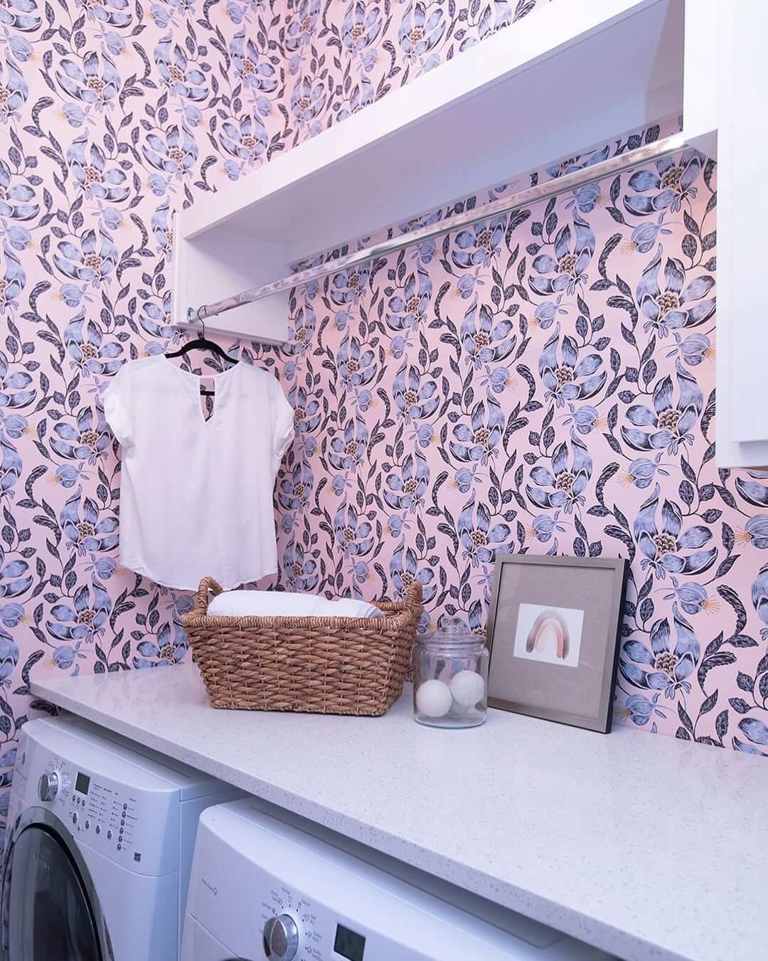 Design a Cheerful Laundry Room with Delicate Floral Wallpaper