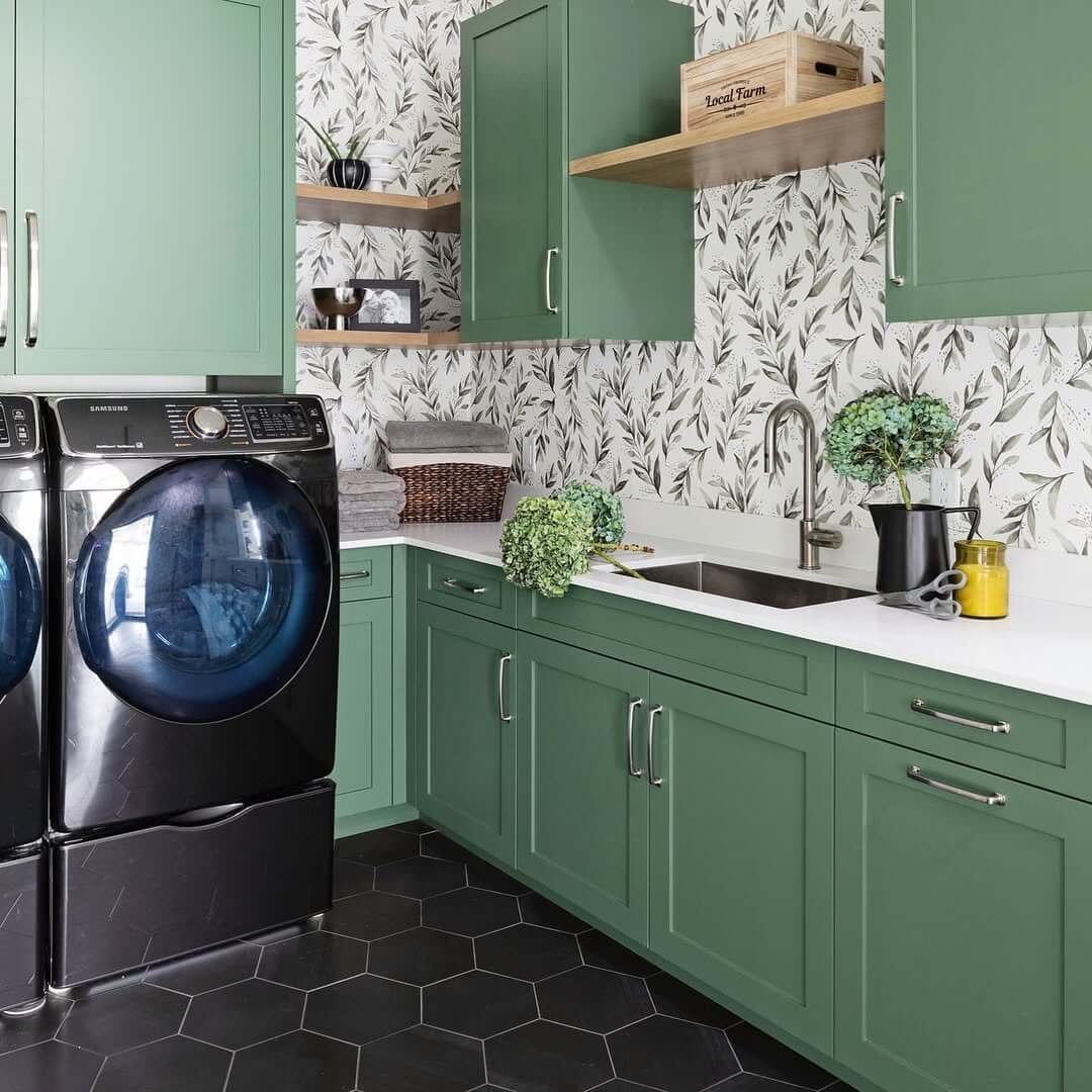 Leafy Wallpaper Adds Organic Texture to Green Cabinets