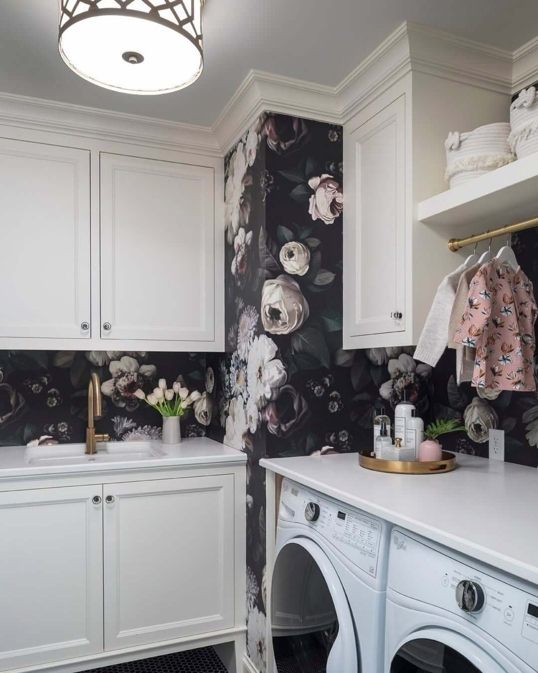 Design a Dramatic Laundry Room with Dark Floral Wallpaper