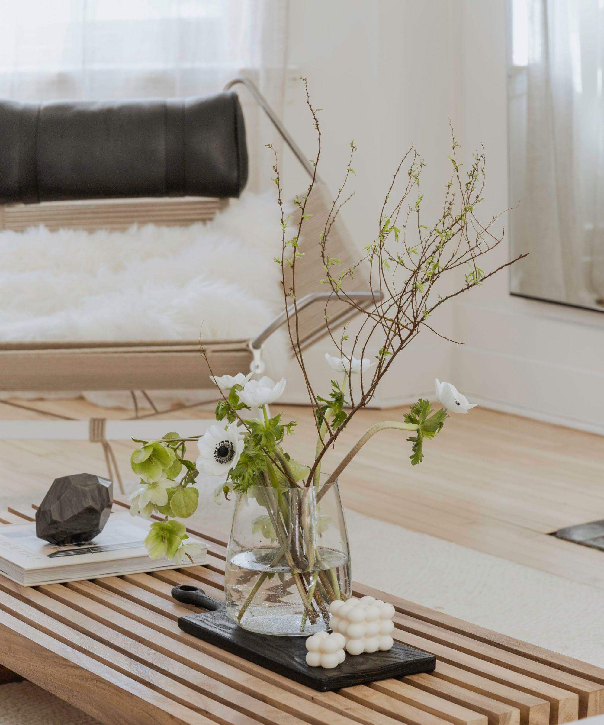 Glass Vase With Natural Branches and Anemones