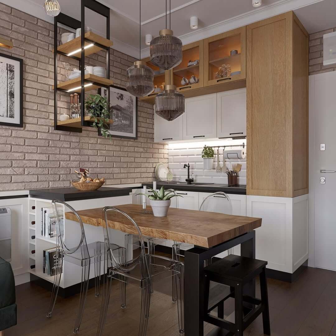 Textured Brick Wall Pairs With Open Shelving For Kitchen Display