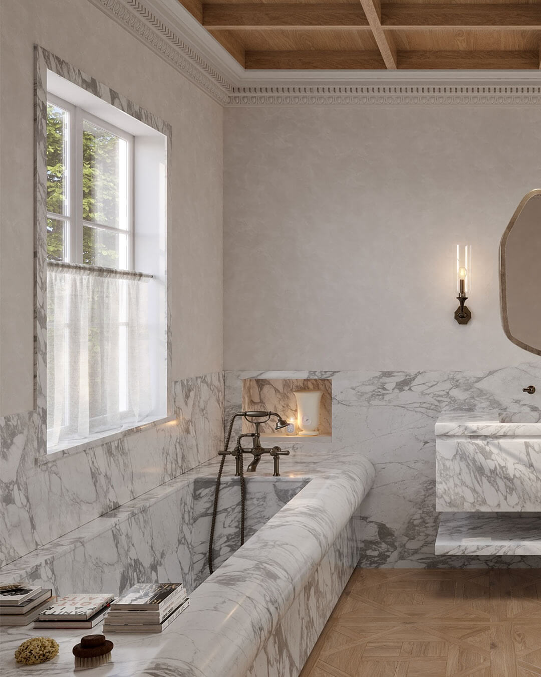Marble Bathtub Surround With Integrated Niche for Ambiance
