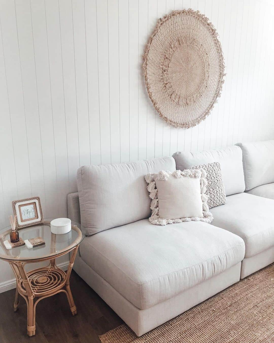 Woven Wall Hanging Adds Natural Texture Above the Sofa