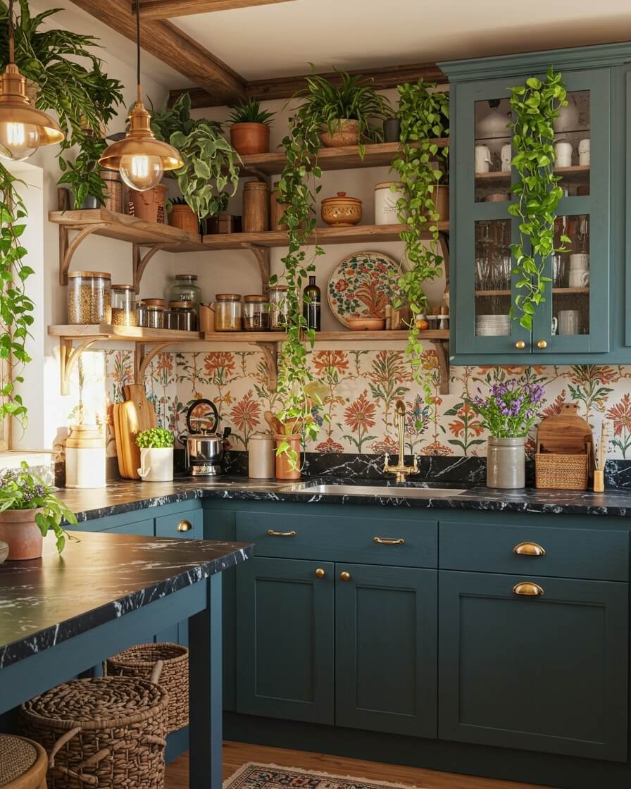 Draping Greenery Softens Open Shelving