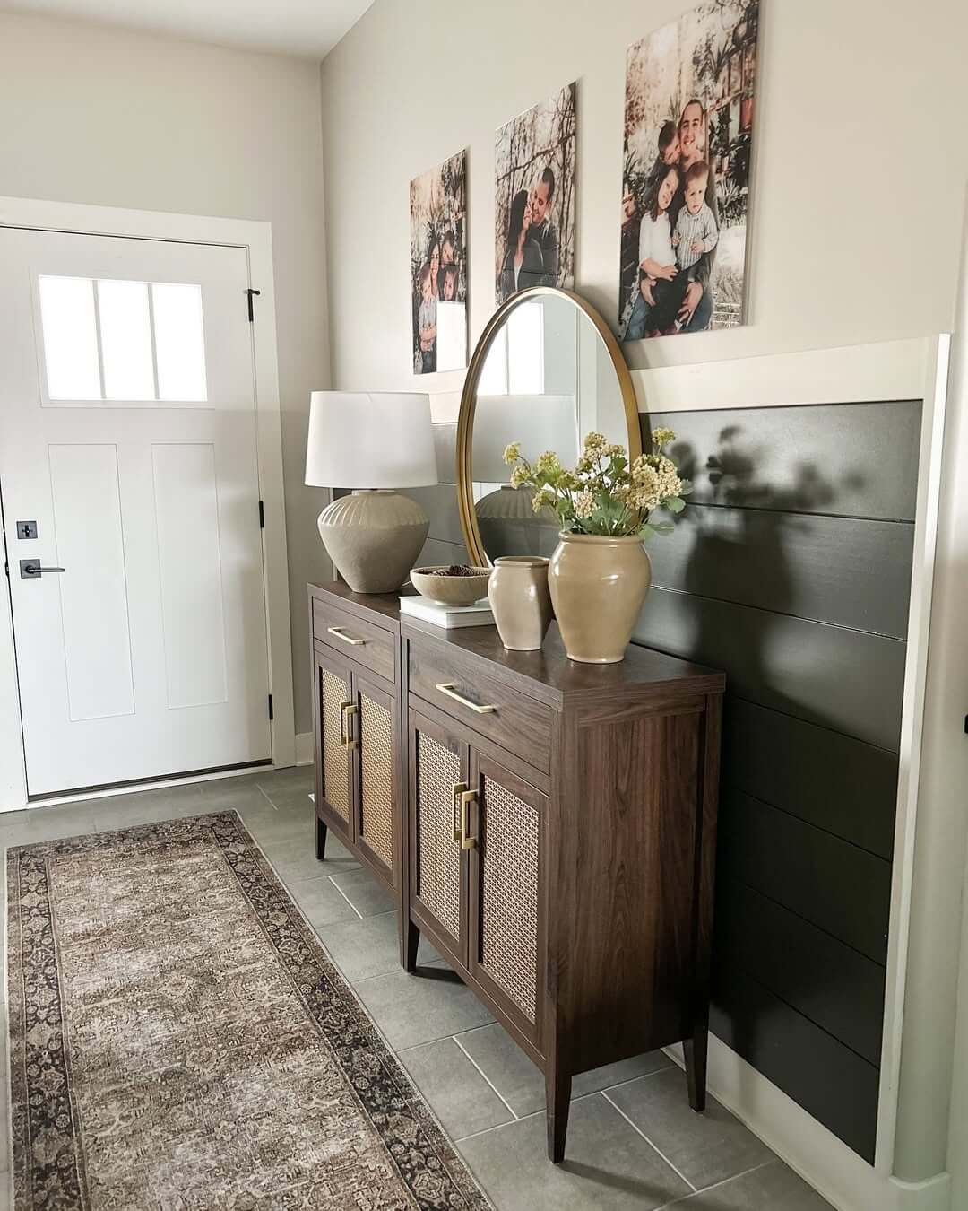 Vertical Canvas Portraits Add Personal Warmth Above Console