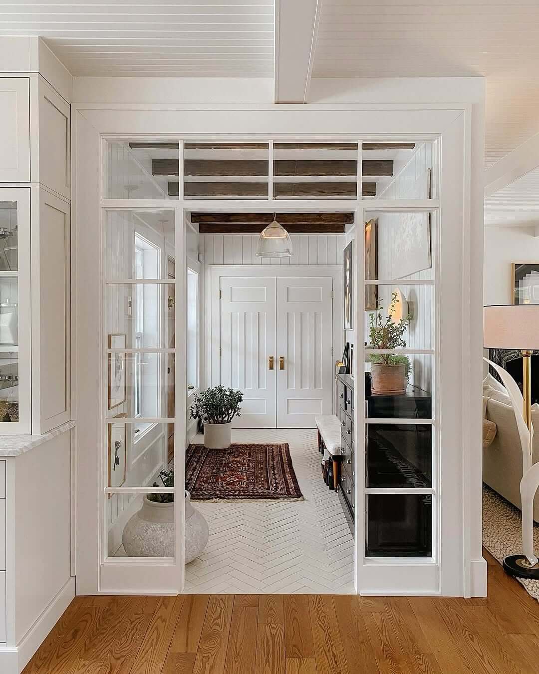 Incorporate Pattern with White Herringbone Flooring