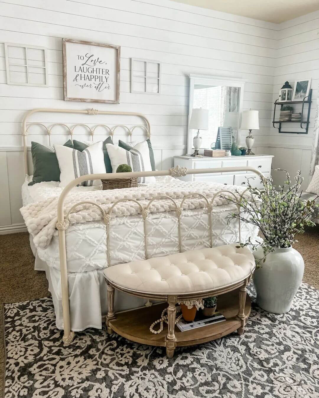 Ornate Metal Bed Frame with Tufted Bench
