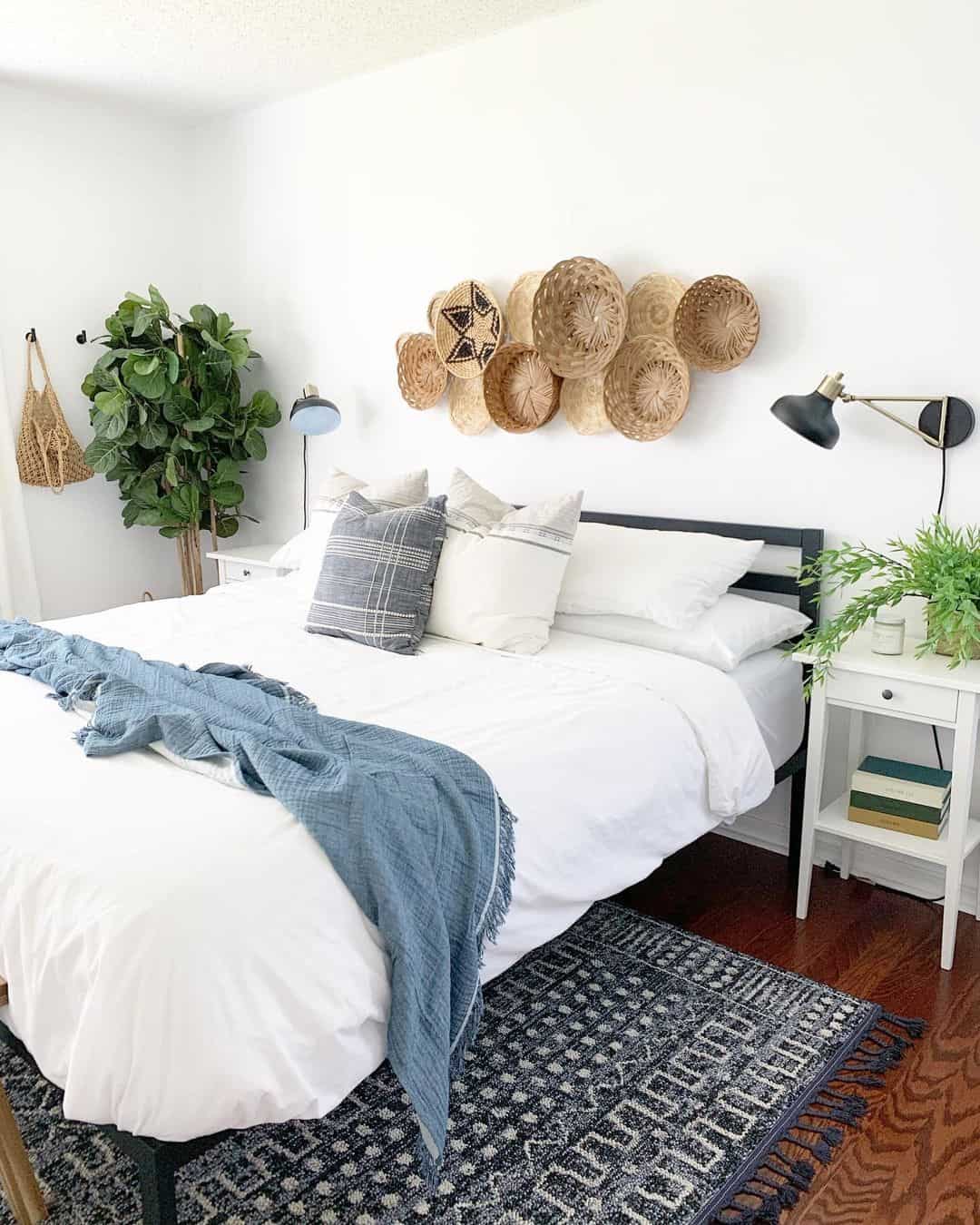 Woven Basket Wall Art Adds Organic Texture Above the Bed