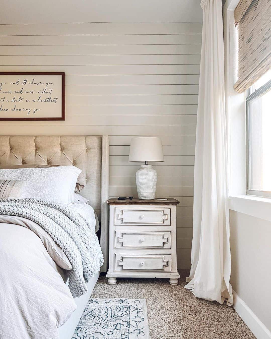 Textured White Nightstand Adds Subtle Detail to Small Bedroom