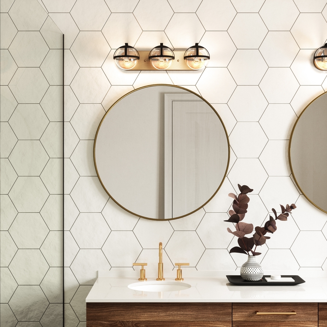 Three-Light Vanity Fixture With Black Caged Globes