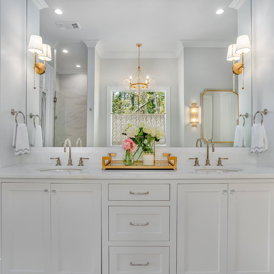 Gold Tray Organizes Flowers and Candle on Vanity