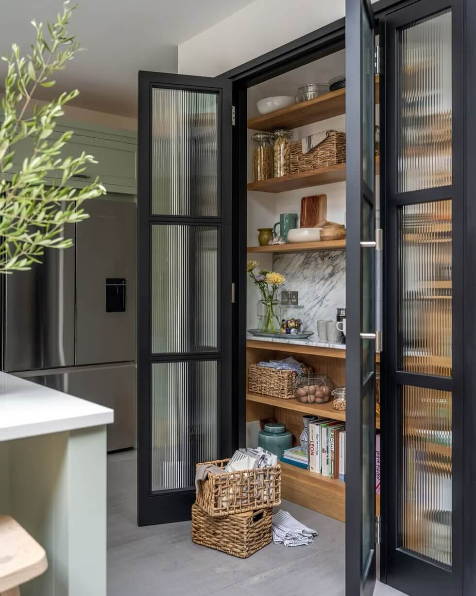 Fluted glass doors offer a textured glimpse into pantry shelves