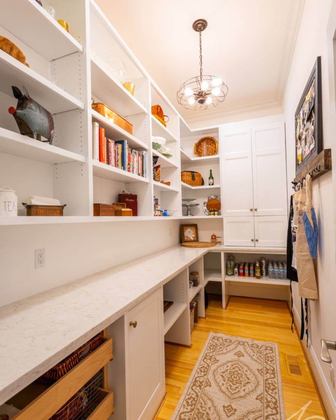 Wire basket drawers offer easy access to pantry essentials