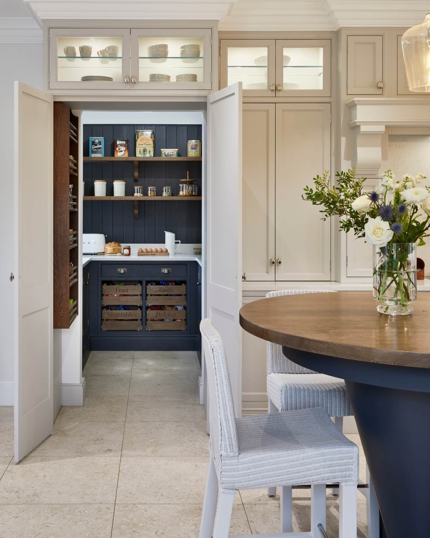 Wooden crates neatly organize pantry staples by category