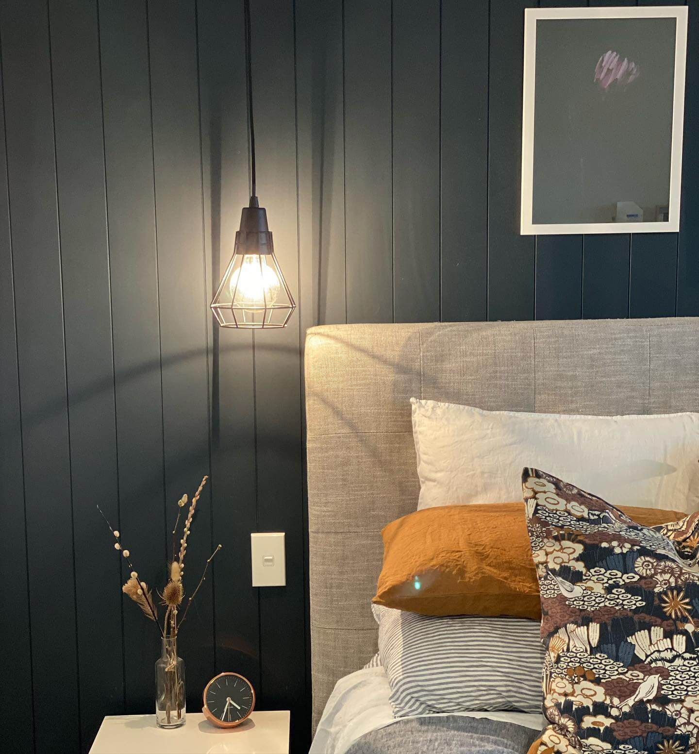 Cage Pendant Light Adds Industrial Flair to Moody Walls