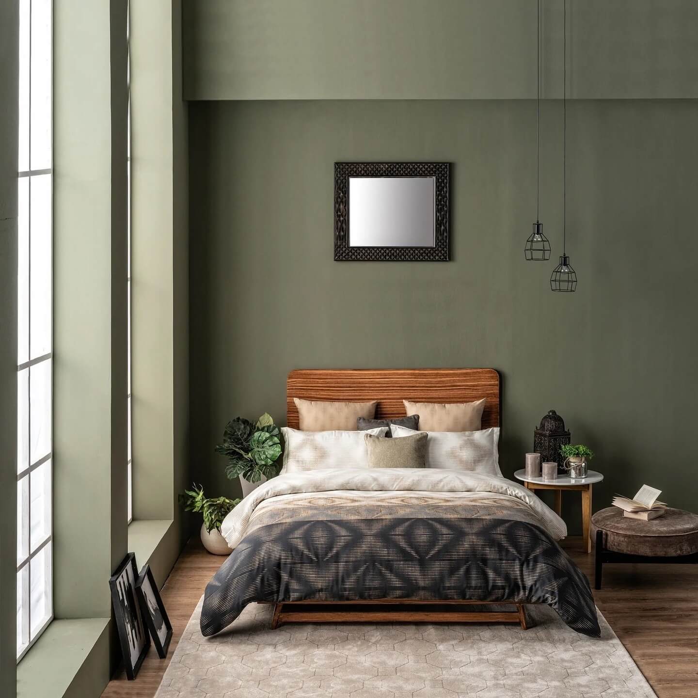 Wooden Headboard Adds Warmth to Moody Green Walls
