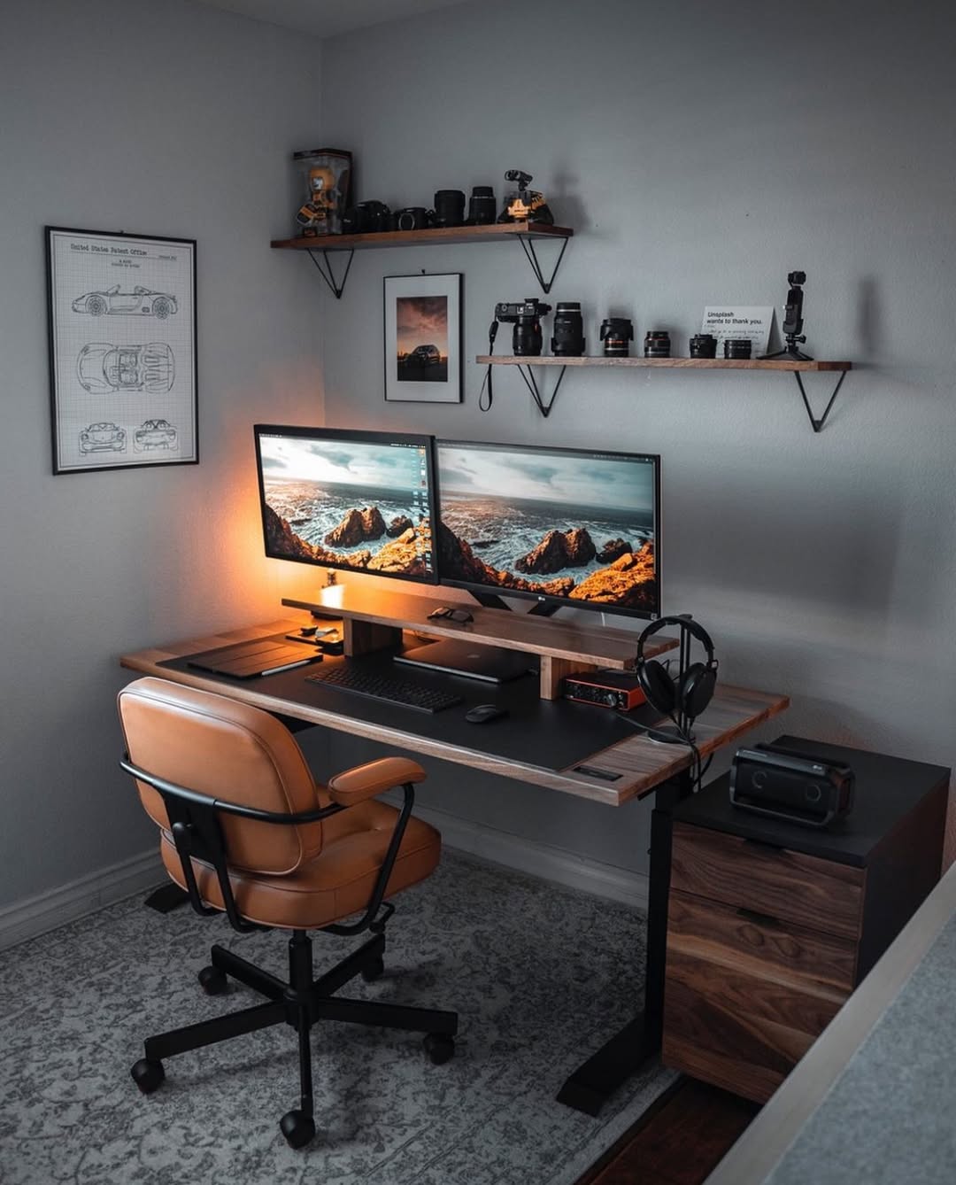 Wooden Monitor Stand Creates a Layered Desk Setup