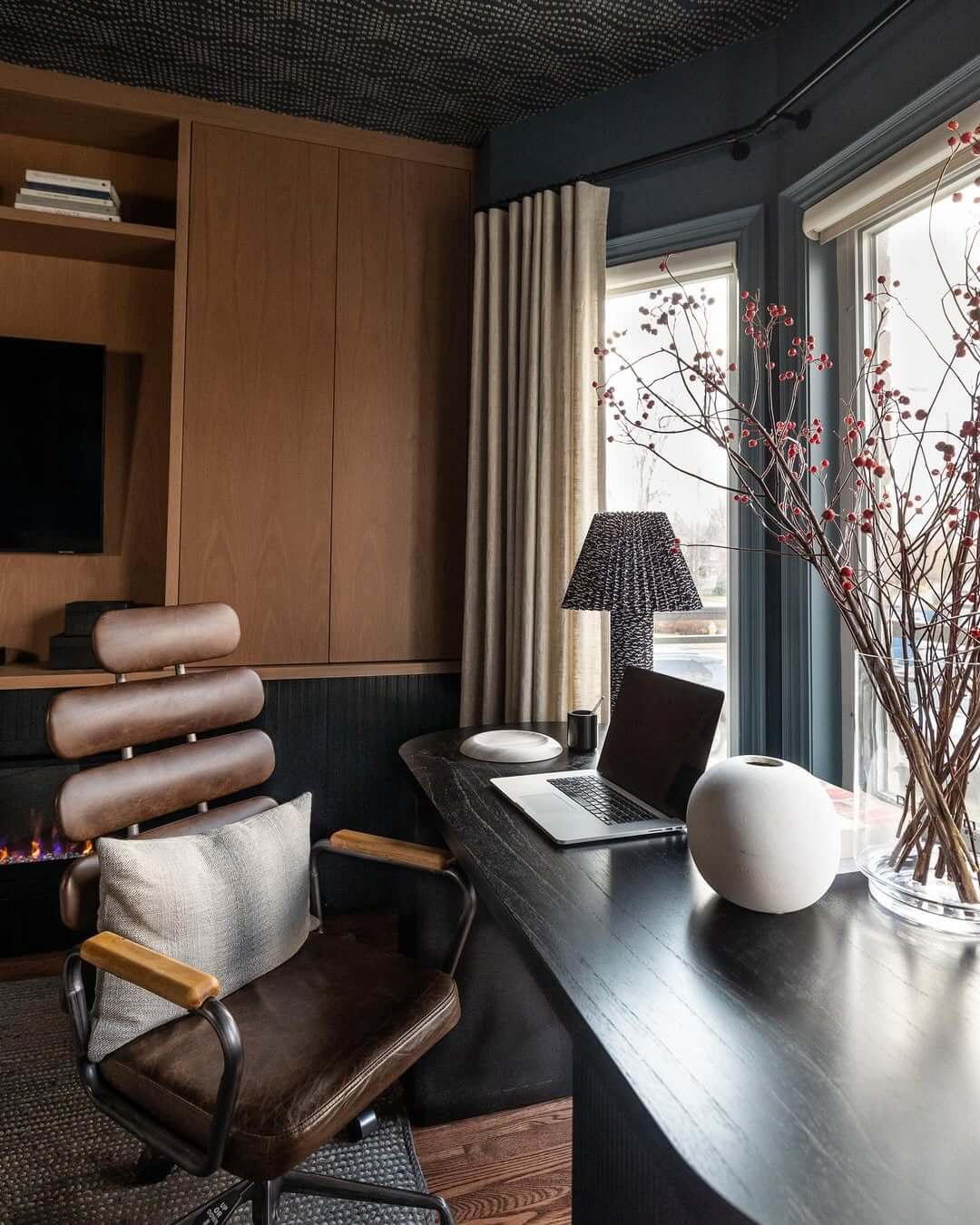 Textured Black Wallpaper Adds Moody Depth to the Ceiling