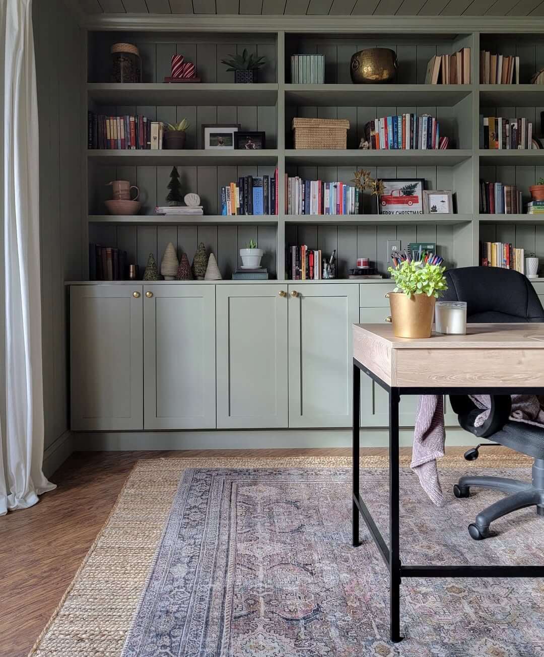 Ground Your Office with Sage Green Built-In Cabinetry