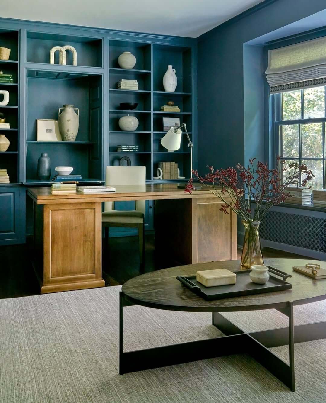 Frame Your Desk with Deep Teal Built-In Shelving