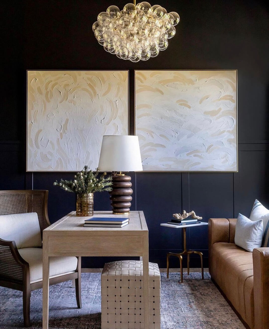 Textured Abstract Art Adds Moody Depth Above a Wooden Desk