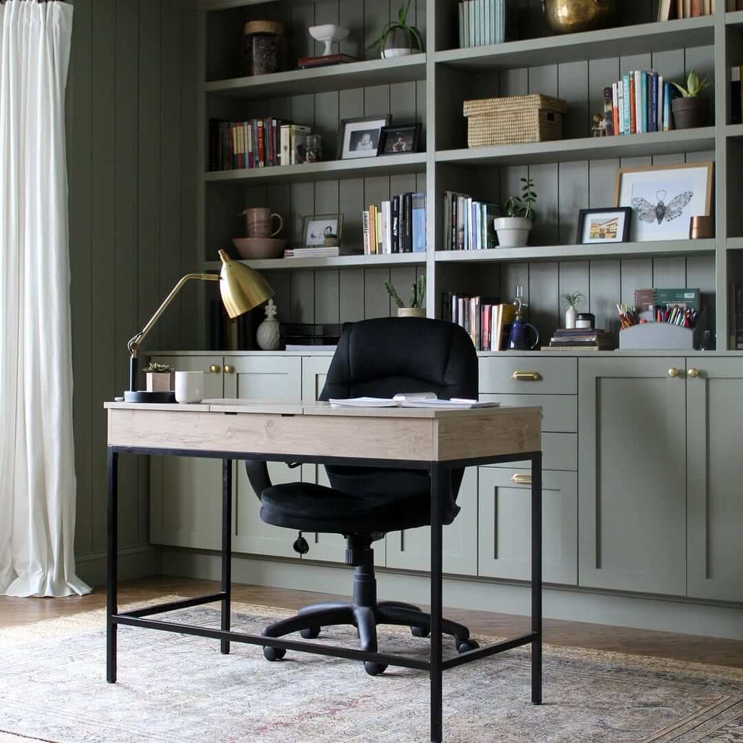 Calm Your Space with Sage Green Built-Ins Framing a Desk