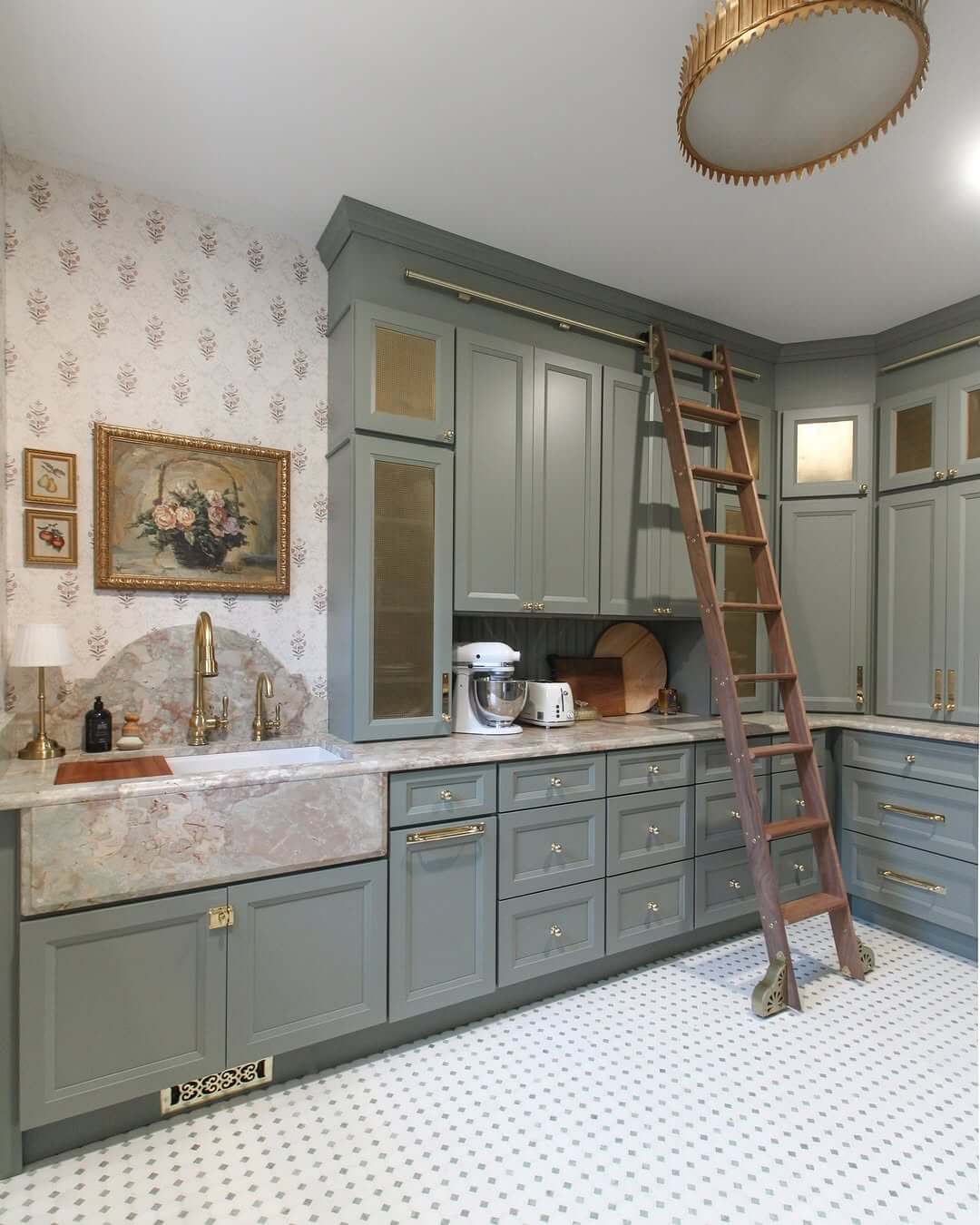 Wooden Ladder Accesses Tall Pantry Cabinets