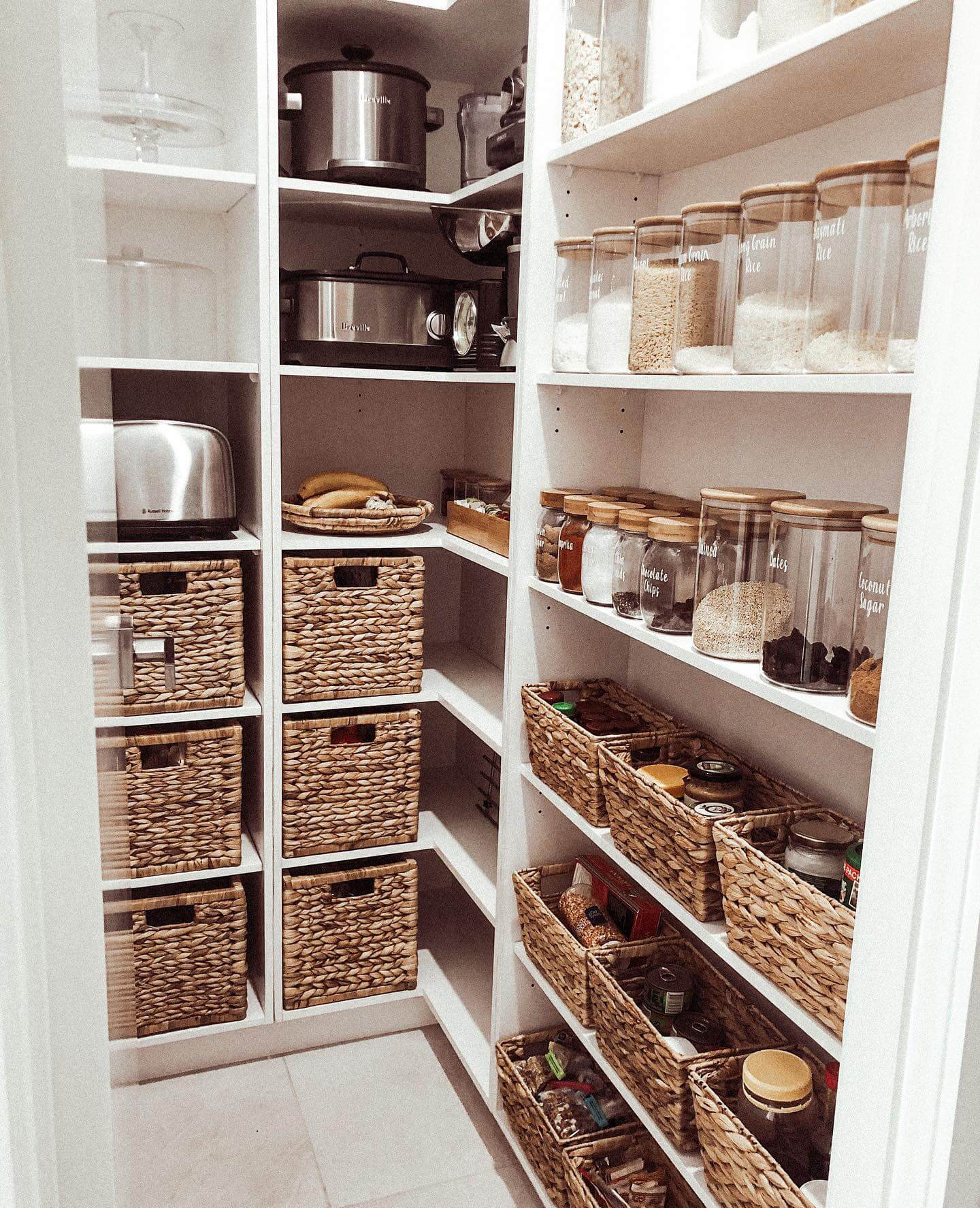 Hide Clutter with Woven Baskets on Shelves